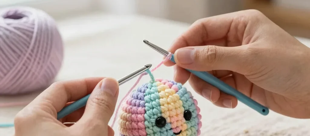 Uma bolinha de amigurumi carreira por carreira
