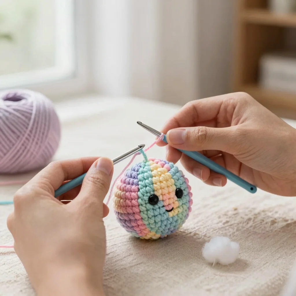 Uma bolinha de amigurumi carreira por carreira